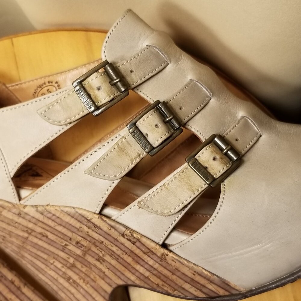 FLUEVOG Gray Farrah Sz 9.5 Adjustable Triple Strap Leather/Cork Wedge '70s Style - Picture 14 of 16